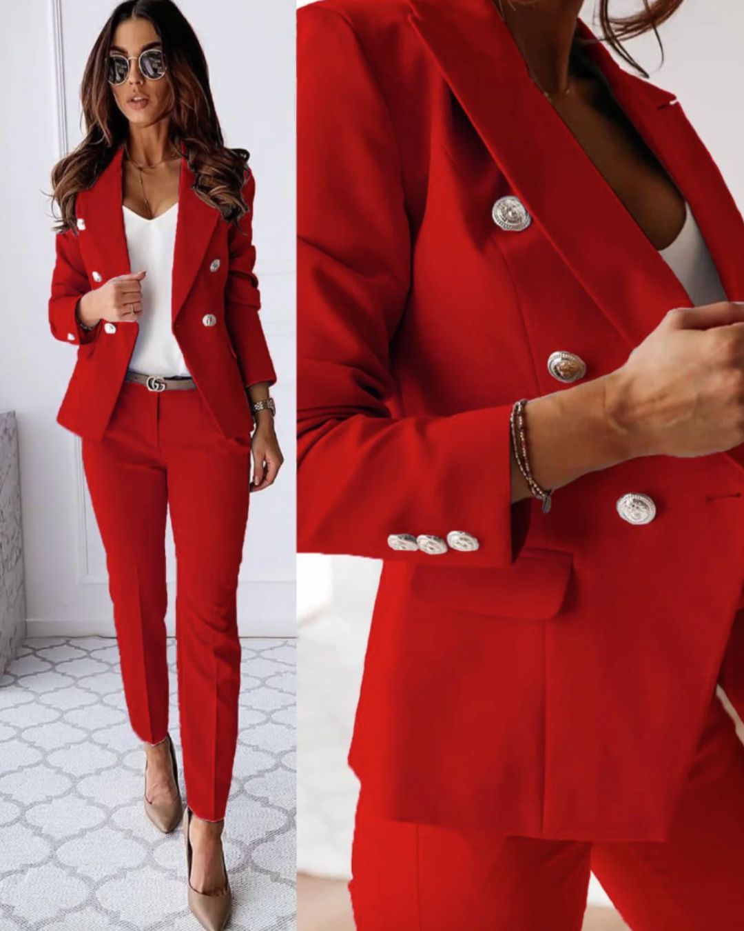 Women Double Breasted Suit With Tailored Blazer And Straight Leg Trousers