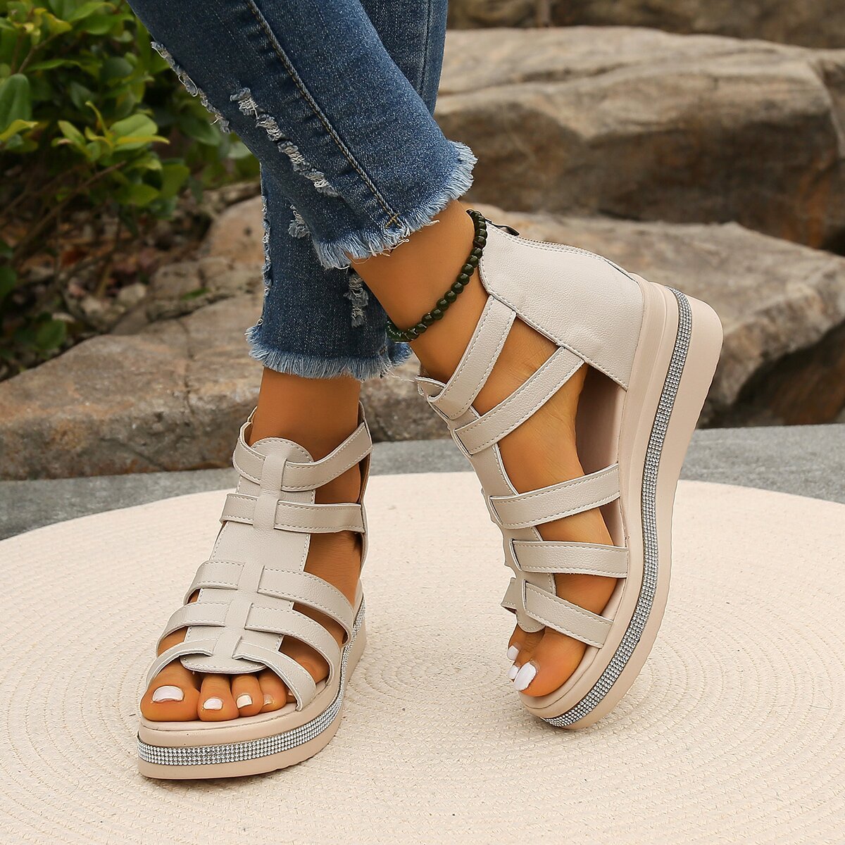 Women’s Summer Wedge Sandals Fish Mouth Platform Back Zipper with Rhinestones