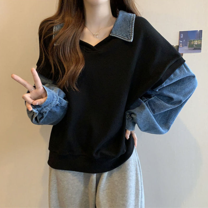 Plus Size Denim Stitching False Two-Piece Sweater I Ideal for Autumn and Winter
