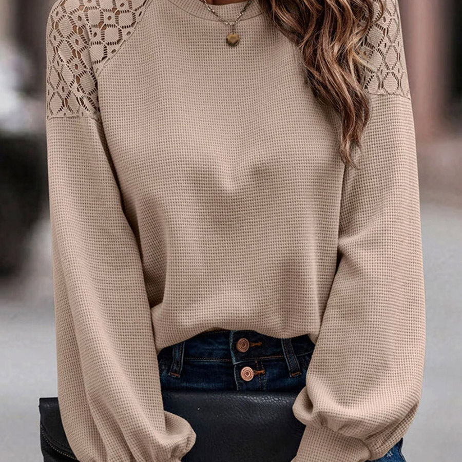 Women Autumn Pullover Lace Splicing Long Sleeves Regular Fit Khaki