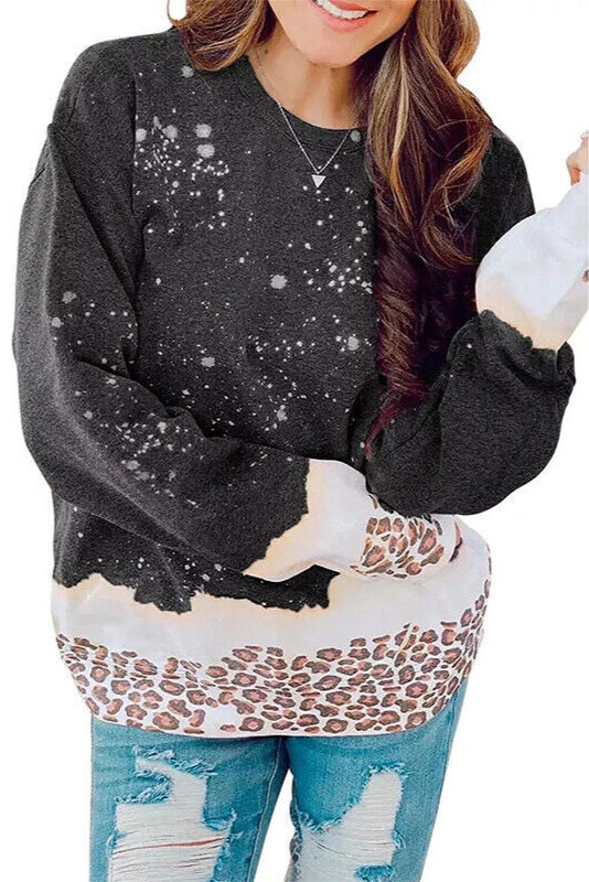 Women Autumn Leopard Print Pullover Sweater Loose Fit Mid-Length Tie-Dye Detail