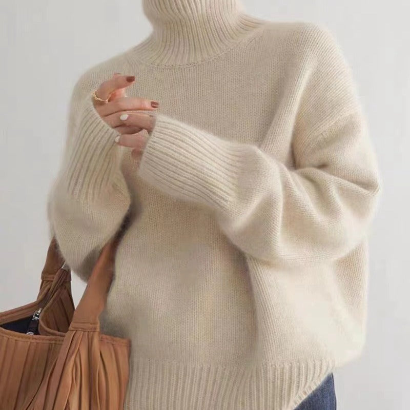 Women Turtleneck Sweater Thick Knit Long Sleeve Solid Color Pullover