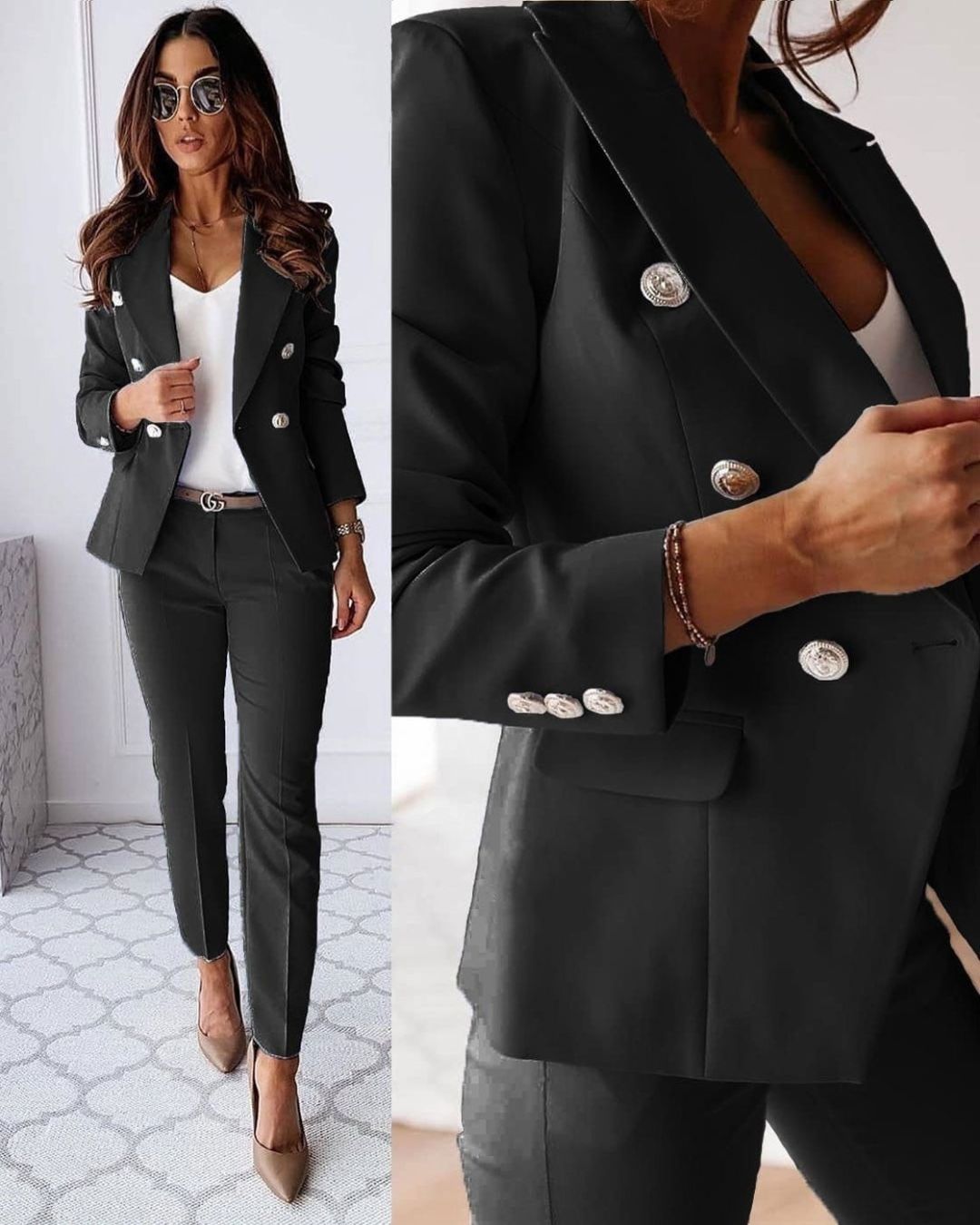 Women Double Breasted Suit With Tailored Blazer And Straight Leg Trousers