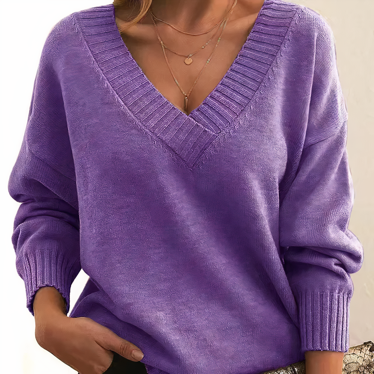 Women Sweater V-Neck Relaxed Fit Soft Knit Long Sleeves