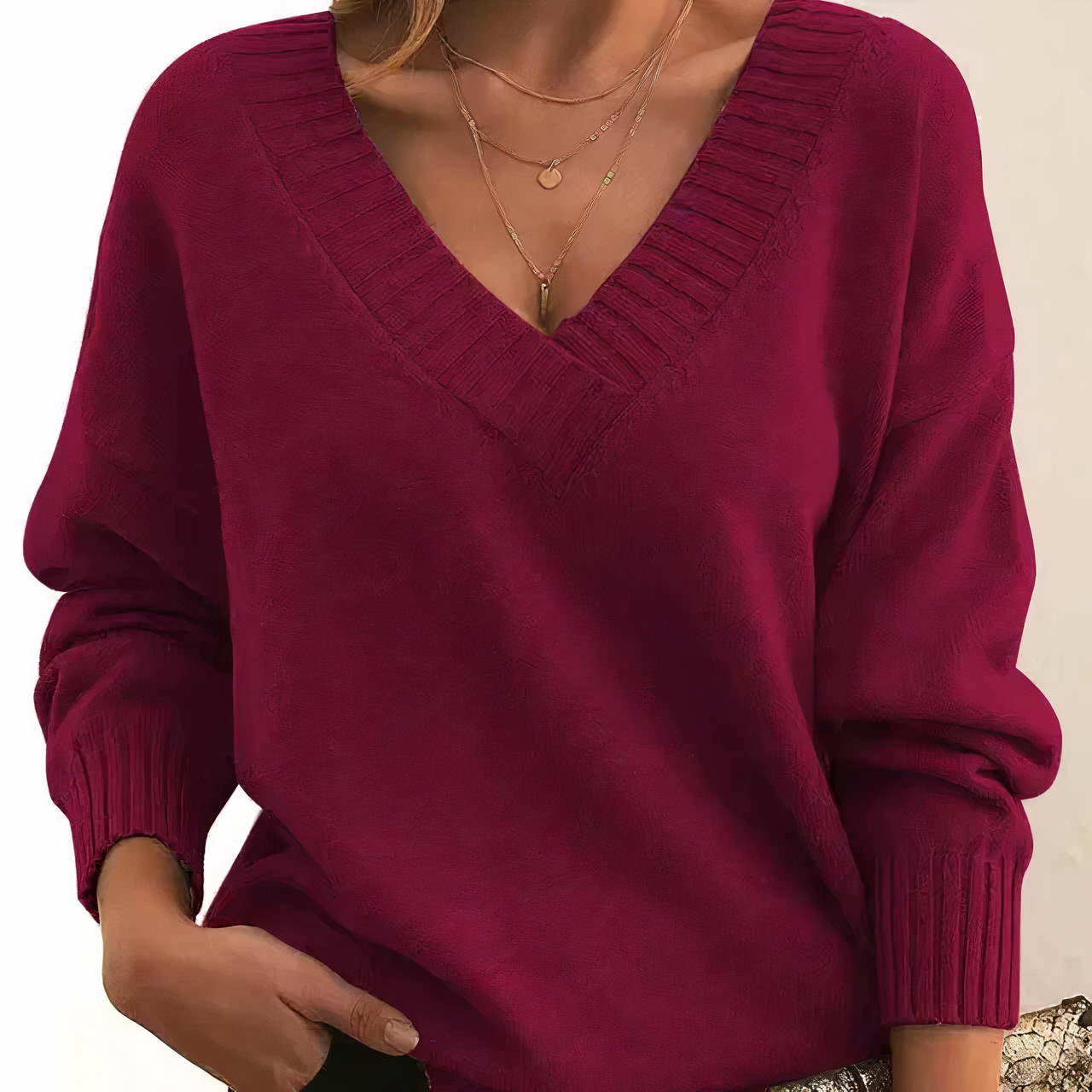 Women Sweater V-Neck Relaxed Fit Soft Knit Long Sleeves