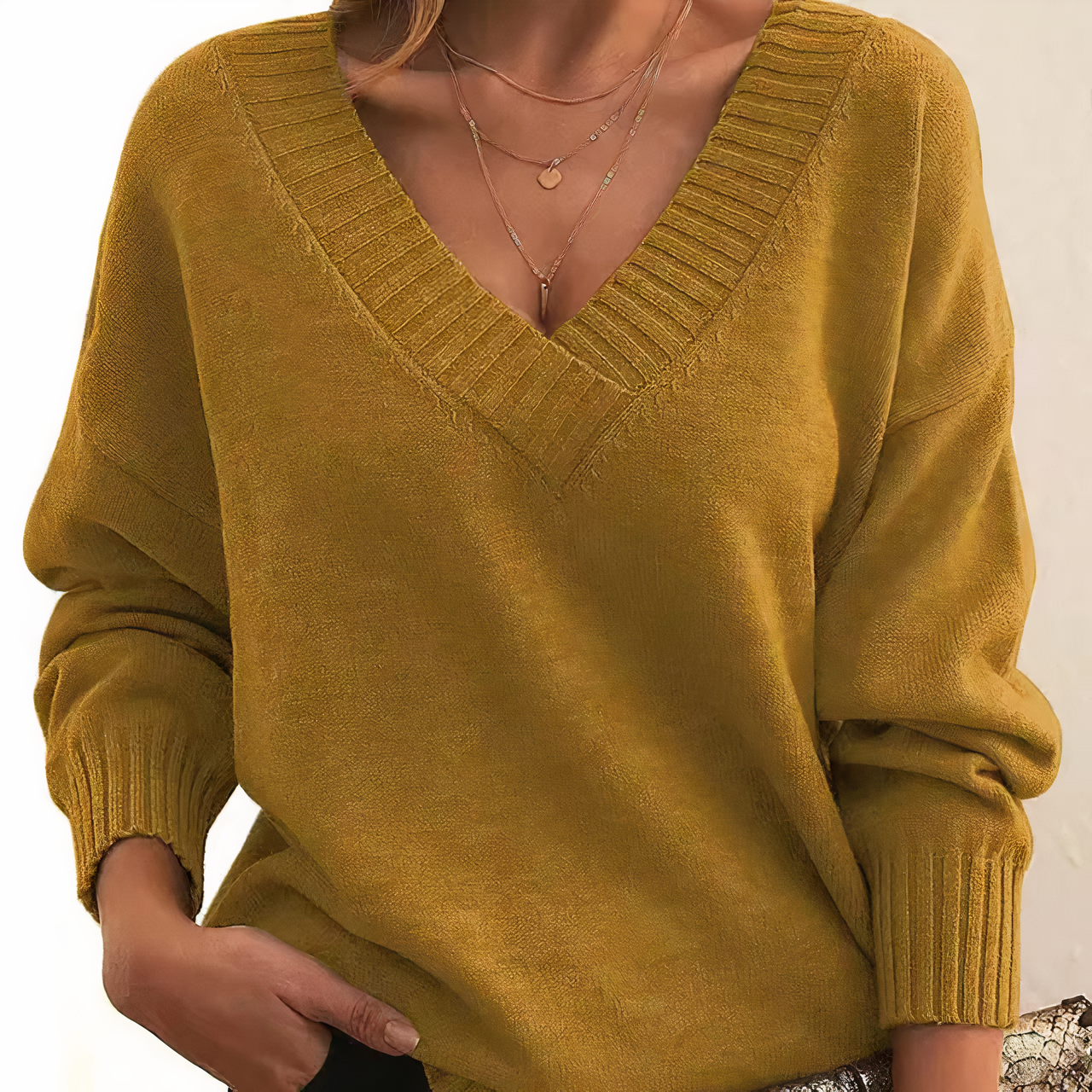 Women Sweater V-Neck Relaxed Fit Soft Knit Long Sleeves