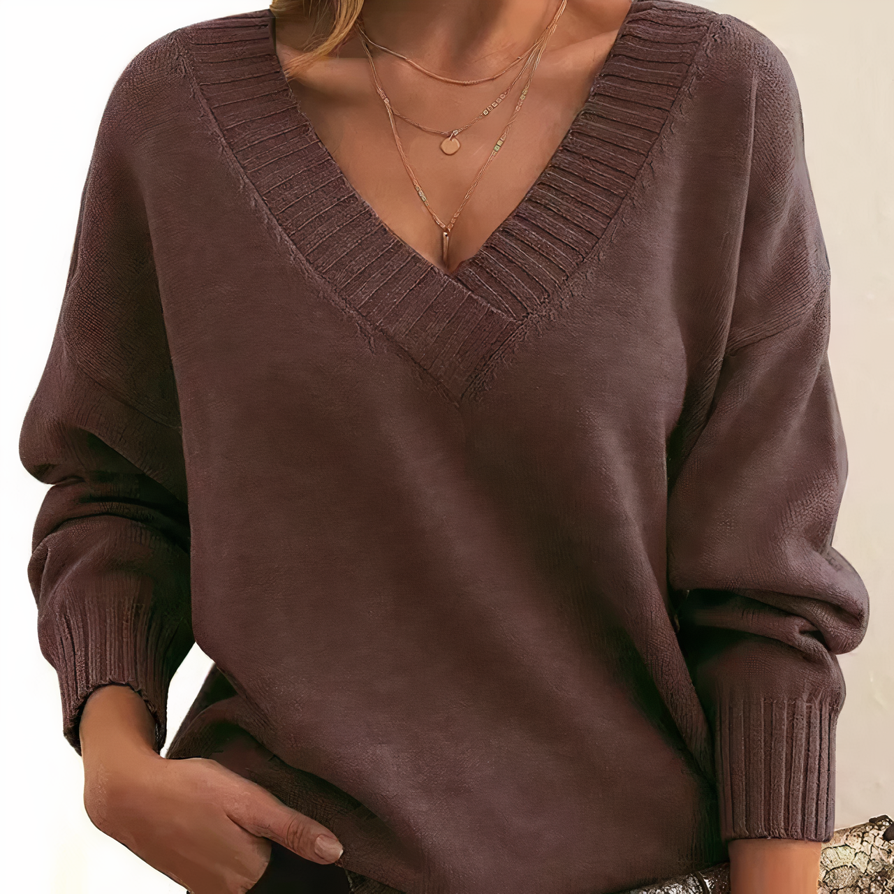 Women Sweater V-Neck Relaxed Fit Soft Knit Long Sleeves