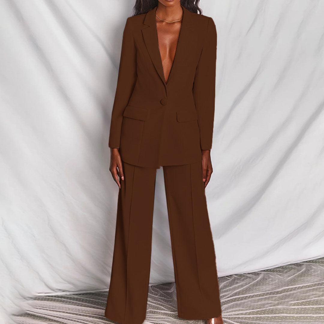 Woman Spring Blazer and Trousers Set with Tailored Blazer and Straight-Leg Trousers