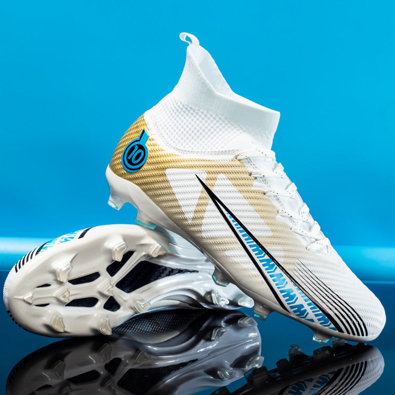 Male High-Top Soccer Cleats AG Synthetic Leather Upper Embossed Texture Lace-Up Rubber Outsole