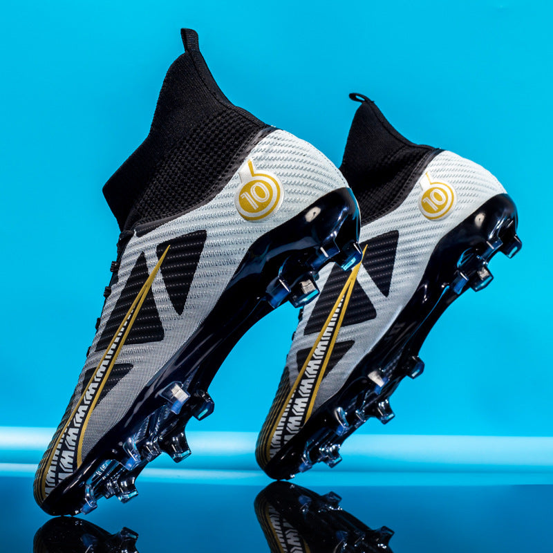 Male High-Top Soccer Cleats AG Synthetic Leather Upper Embossed Texture Lace-Up Rubber Outsole