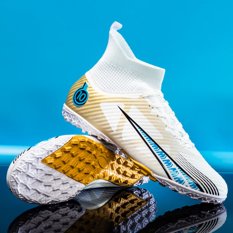 Male High-Top Soccer Cleats AG Synthetic Leather Upper Embossed Texture Lace-Up Rubber Outsole