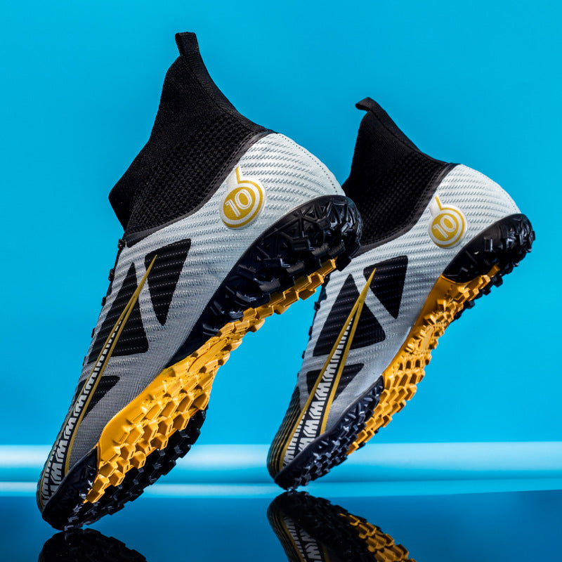 Male High-Top Soccer Cleats AG Synthetic Leather Upper Embossed Texture Lace-Up Rubber Outsole