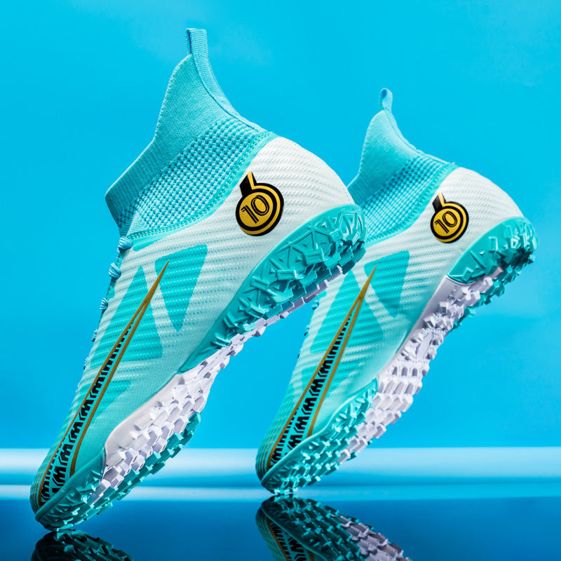 Male High-Top Soccer Cleats AG Synthetic Leather Upper Embossed Texture Lace-Up Rubber Outsole