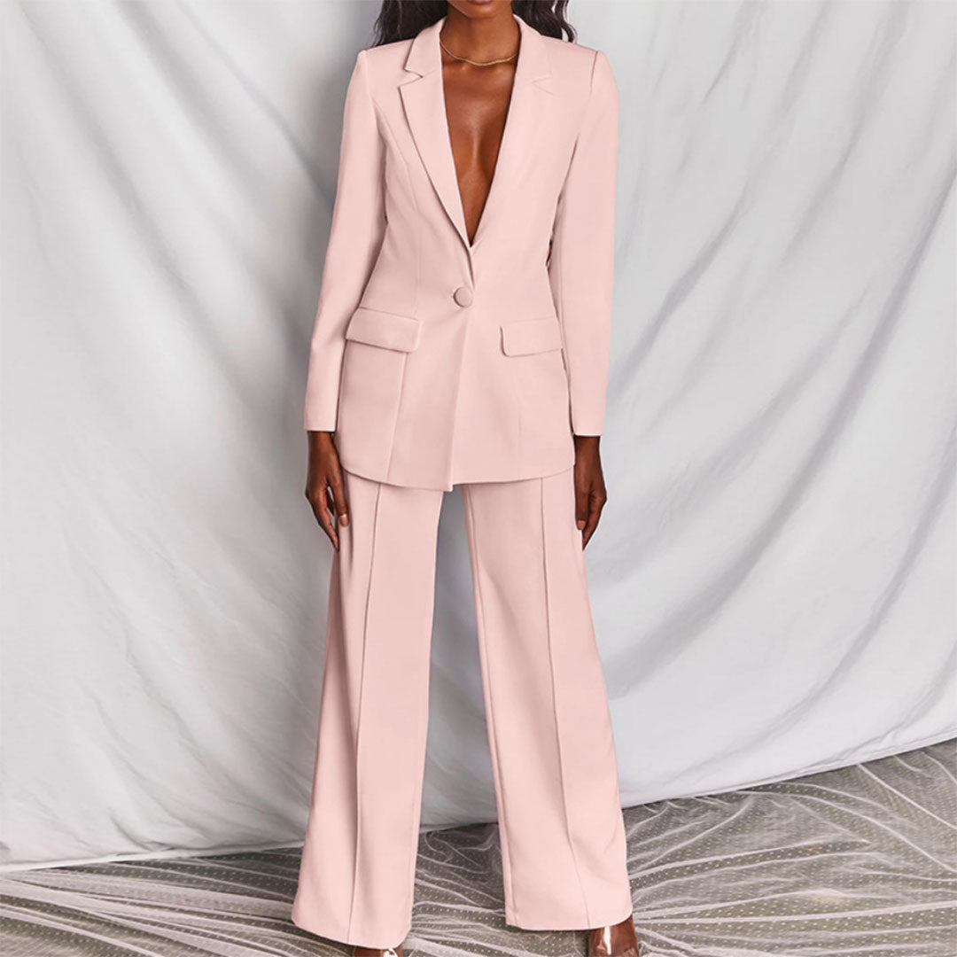 Woman Spring Blazer and Trousers Set with Tailored Blazer and Straight-Leg Trousers