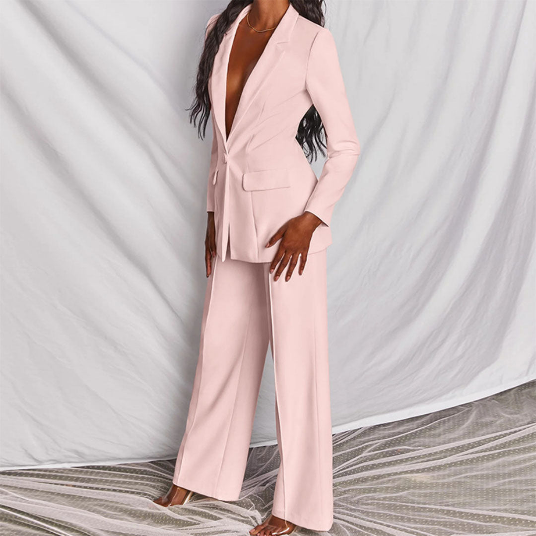 Woman Spring Blazer and Trousers Set with Tailored Blazer and Straight-Leg Trousers