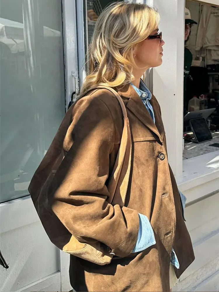 Women Suede Jacket with Classic Cut, Structured Fit, and Neutral Brown Tone