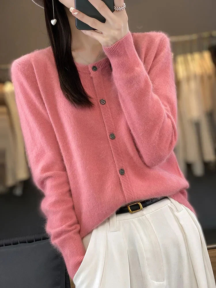 Women Autumn Knit Sweater with Buttons O-Neck Relaxed Fit Insulated