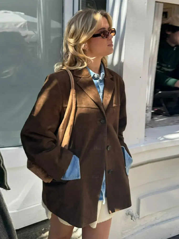 Women Suede Jacket with Classic Cut, Structured Fit, and Neutral Brown Tone