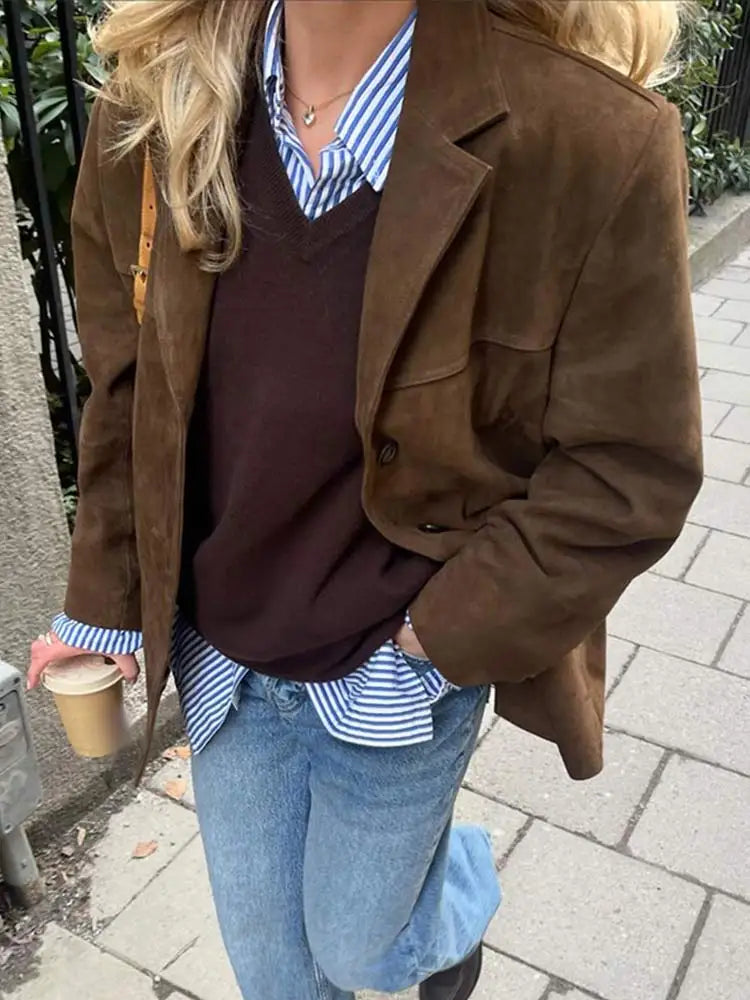 Women Suede Jacket with Classic Cut, Structured Fit, and Neutral Brown Tone
