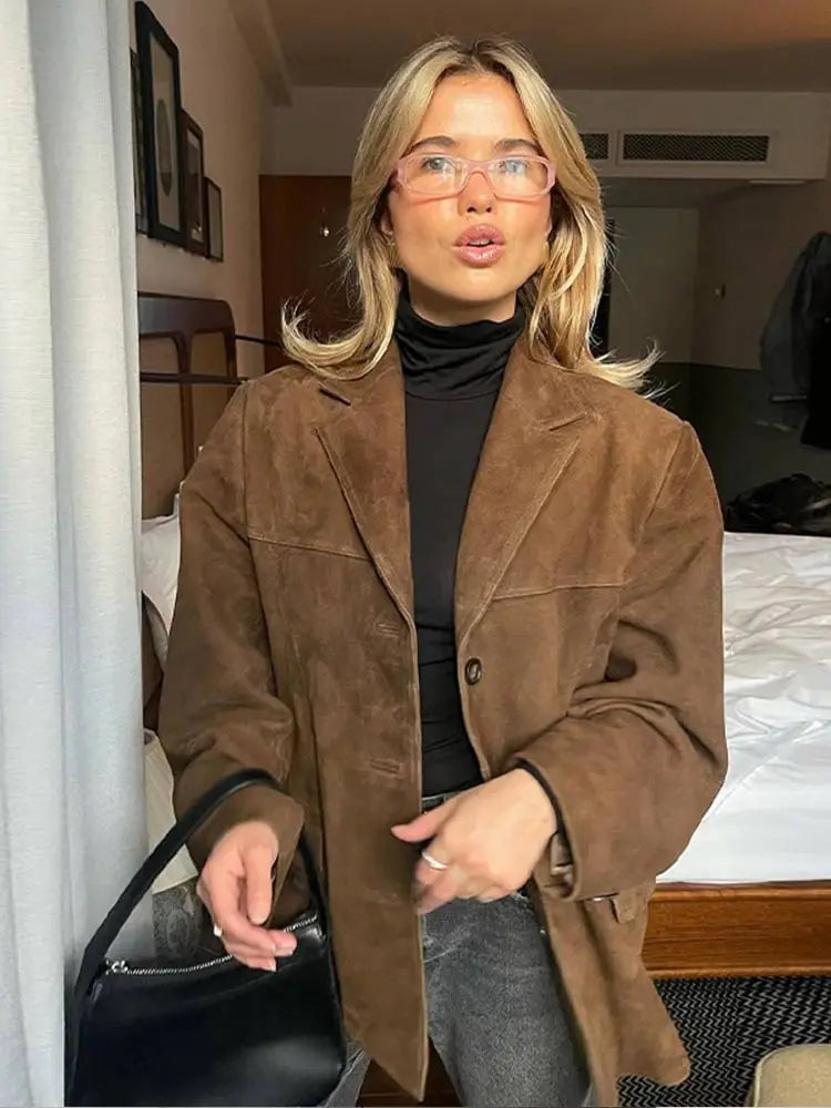 Women Suede Jacket with Classic Cut, Structured Fit, and Neutral Brown Tone