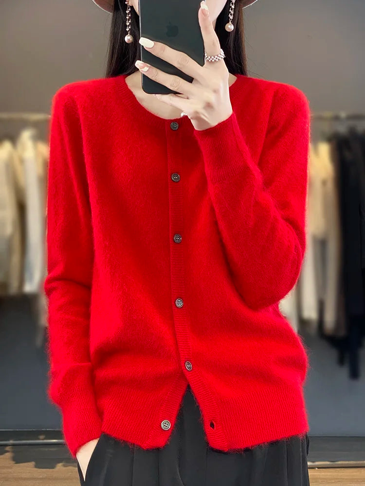 Women Autumn Knit Sweater with Buttons O-Neck Relaxed Fit Insulated
