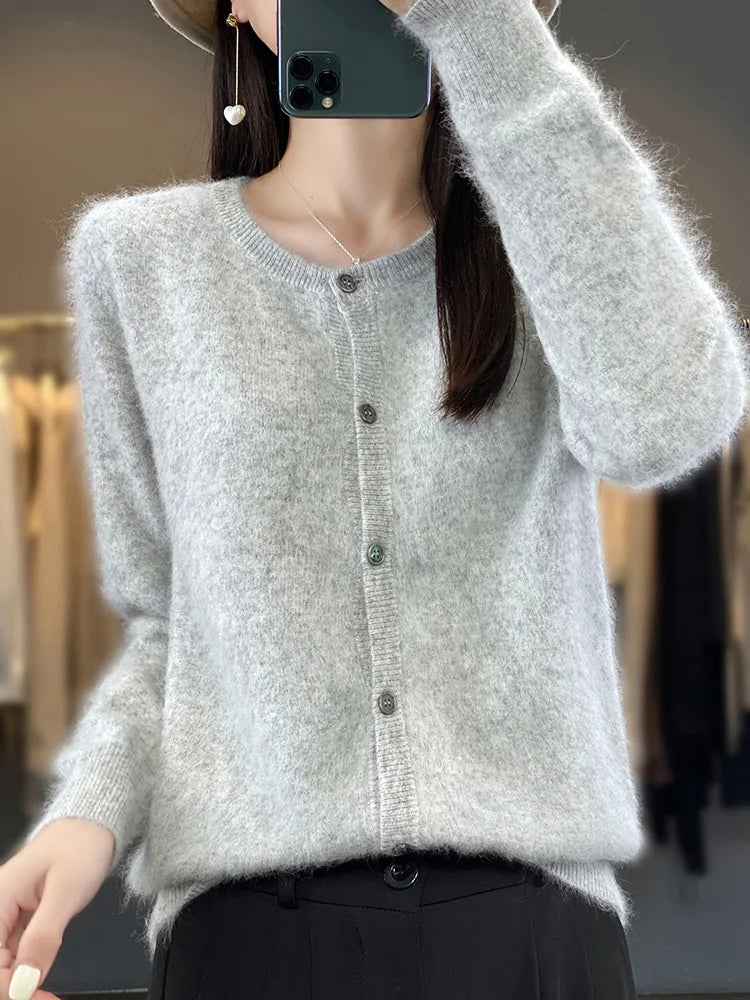 Women Autumn Knit Sweater with Buttons O-Neck Relaxed Fit Insulated