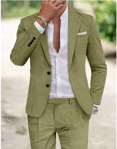 Men Suit Two-Piece Set Single-Breasted Jacket Flap Pockets