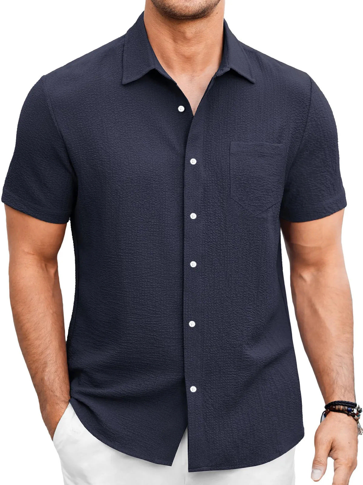 Men’s Summer Short Sleeve Bubble Wrinkle Shirt with Regular Fit