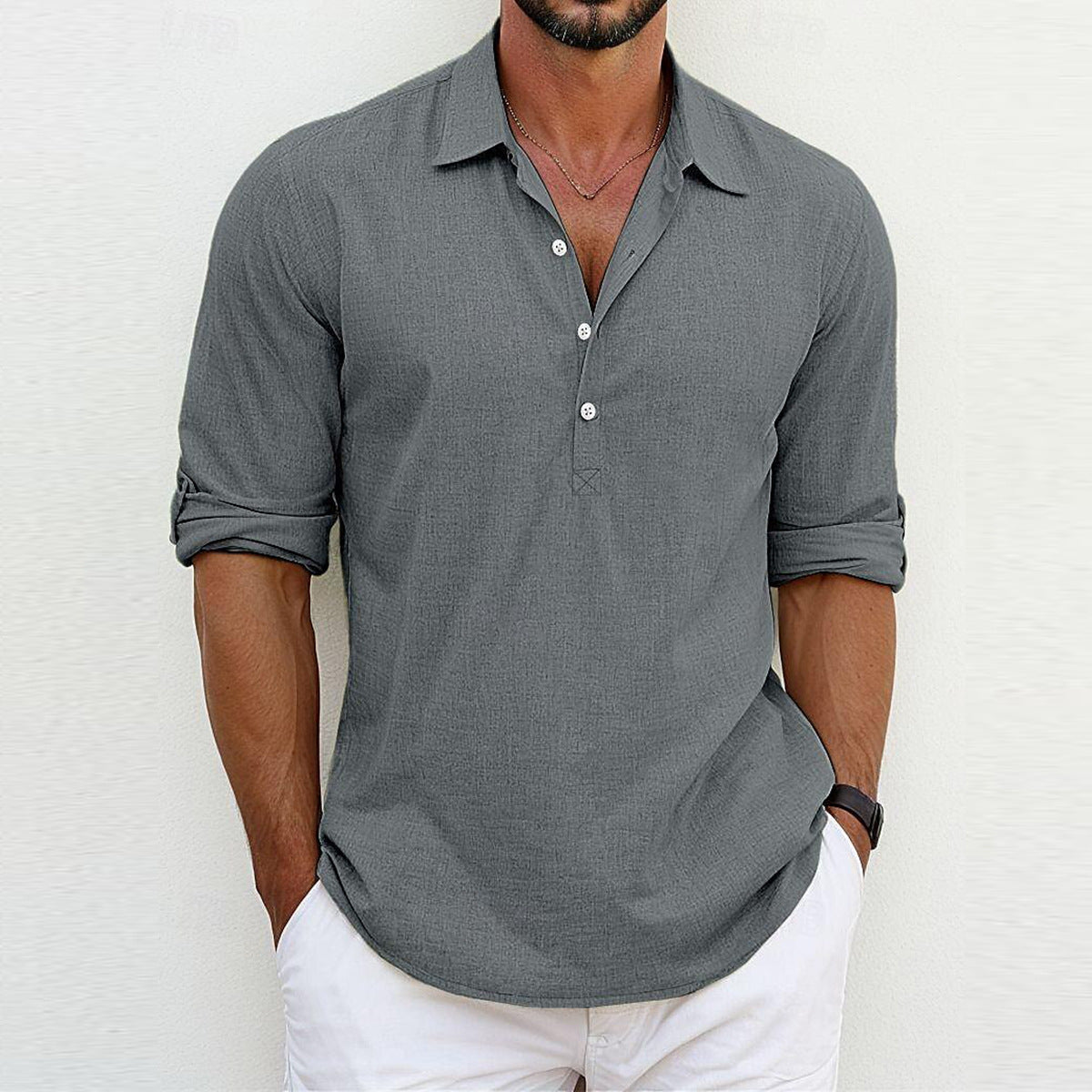 Men’s Long Sleeve Polo Collar Shirt Loose Fit Pullover