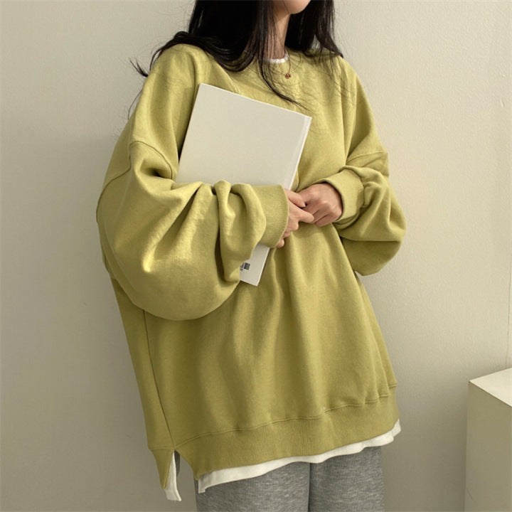 Women Autumn Fleece-Lined Hoodie Loose Fit Round Neck Long Sleeve