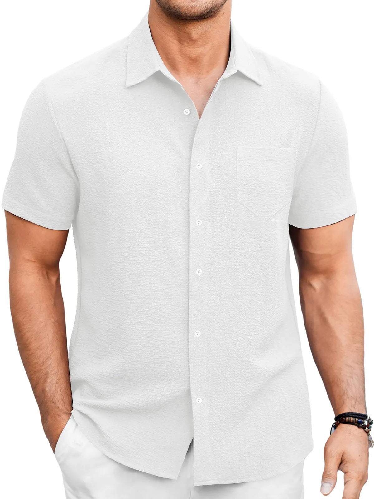 Men’s Summer Short Sleeve Bubble Wrinkle Shirt with Regular Fit