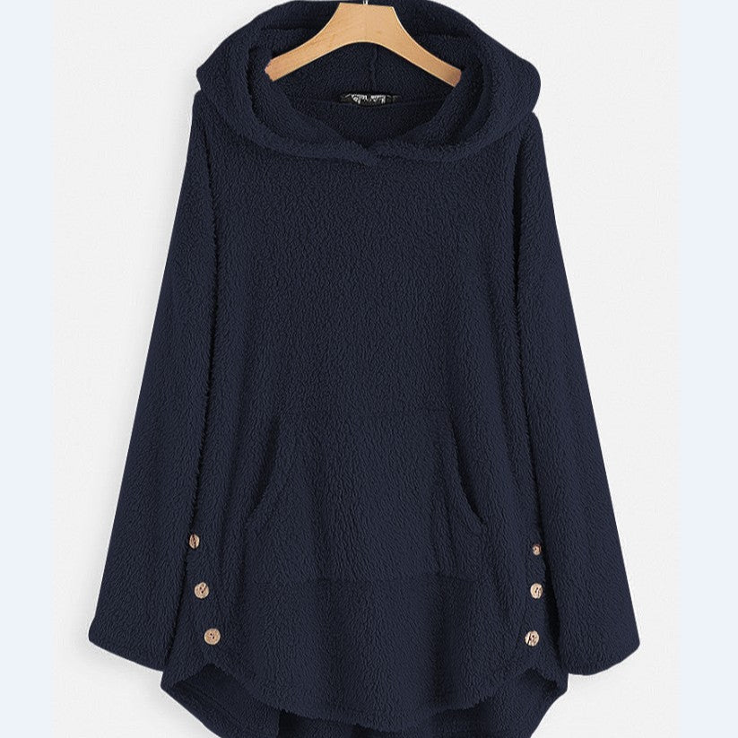 Women Autumn Hooded Pullover Double-Sided Fleece Mid-Length Sweater Loose Fit