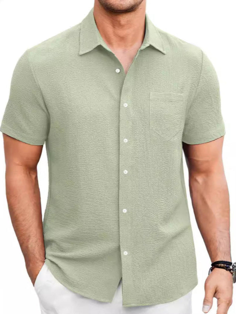 Men’s Summer Short Sleeve Bubble Wrinkle Shirt with Regular Fit