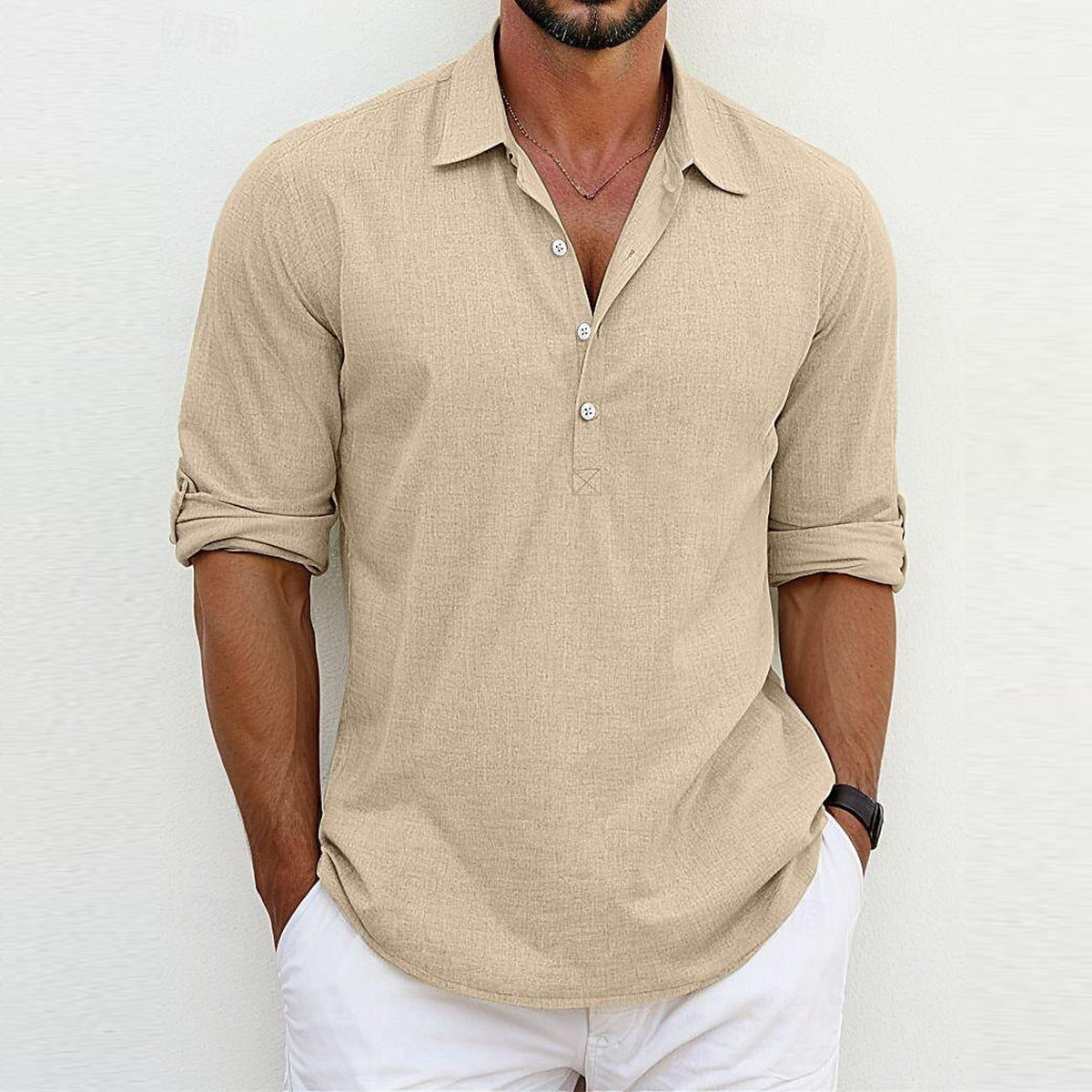 Men’s Long Sleeve Polo Collar Shirt Loose Fit Pullover