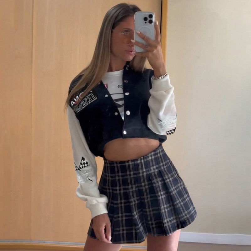 Women Autumn Baseball Jacket Loose Fit Button-Up Stand Collar Blue Patchwork