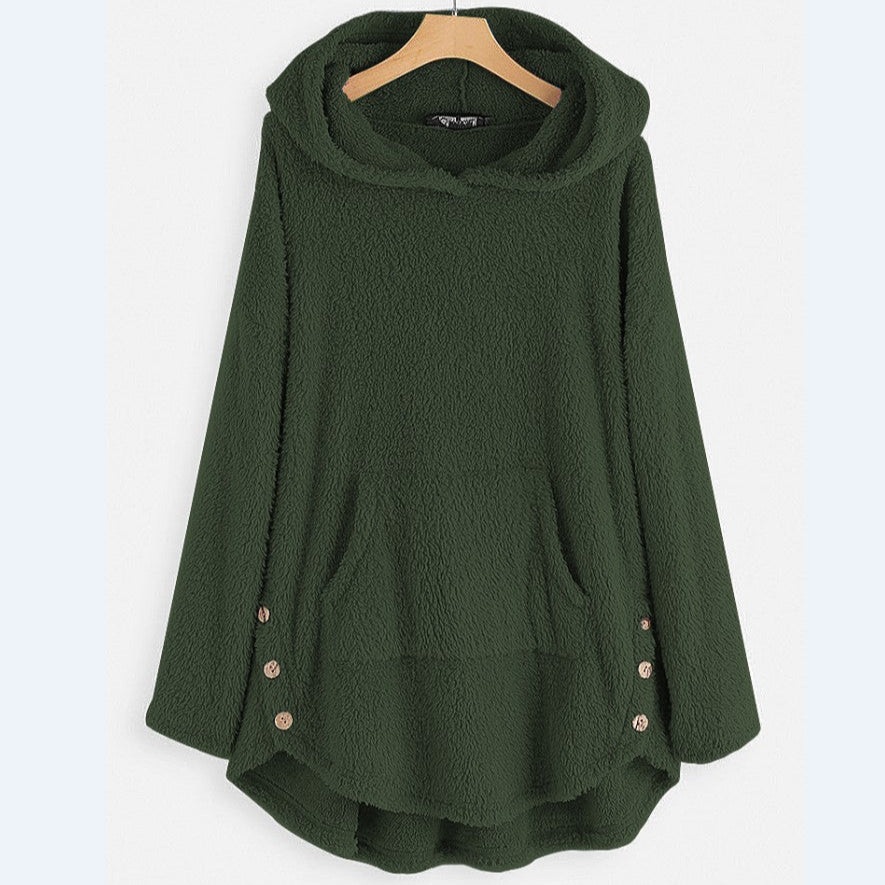 Women Autumn Hooded Pullover Double-Sided Fleece Mid-Length Sweater Loose Fit