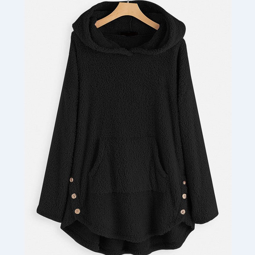 Women Autumn Hooded Pullover Double-Sided Fleece Mid-Length Sweater Loose Fit