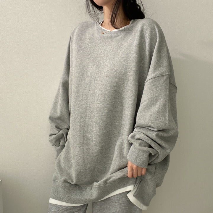 Women Autumn Fleece-Lined Hoodie Loose Fit Round Neck Long Sleeve