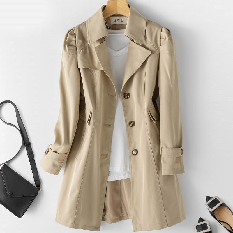 Women Long Button Trenchcoat With Belted Waist And Side Pockets