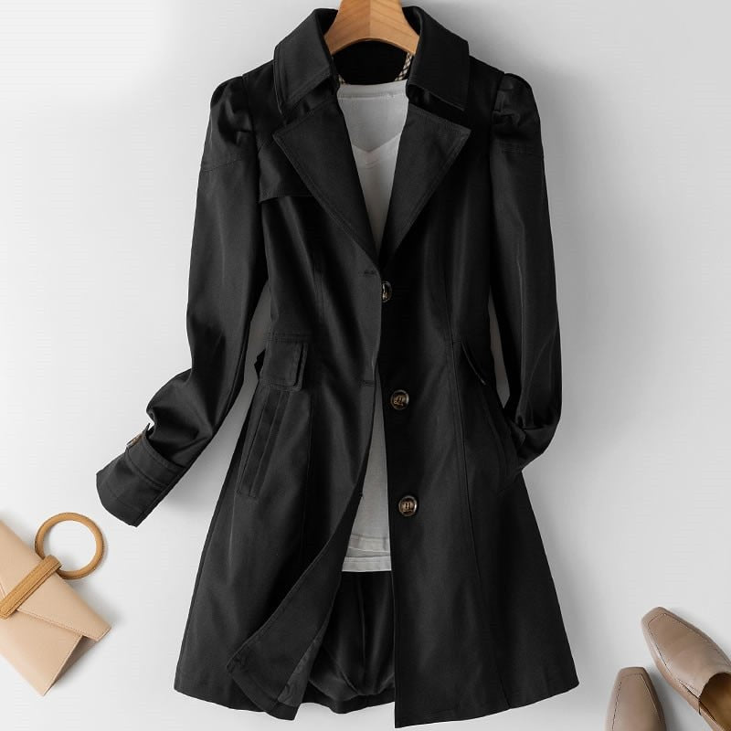 Women Long Button Trenchcoat With Belted Waist And Side Pockets