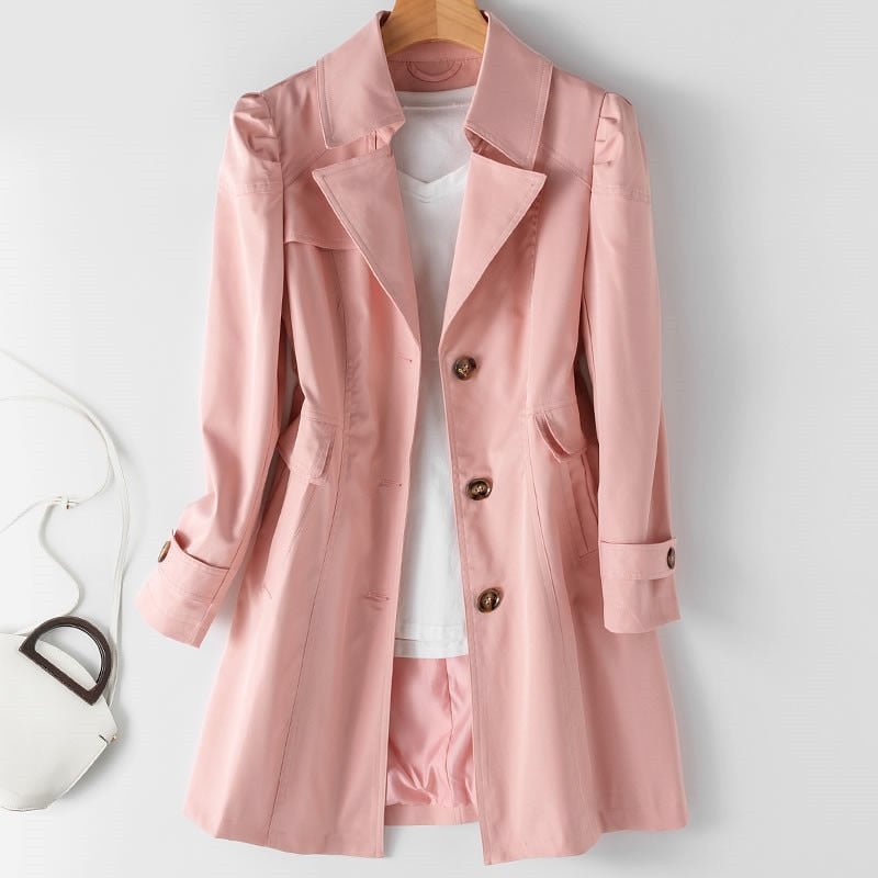 Women Long Button Trenchcoat With Belted Waist And Side Pockets