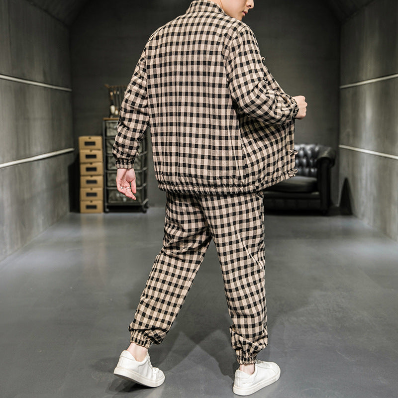 Men Tang Suit Two-Piece Set Plaid Jacket Structured Fit