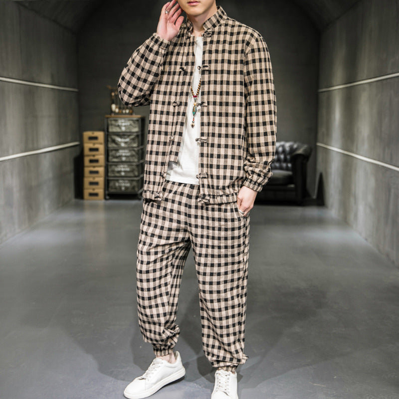 Men Tang Suit Two-Piece Set Plaid Jacket Structured Fit