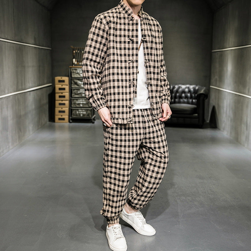 Men Tang Suit Two-Piece Set Plaid Jacket Structured Fit