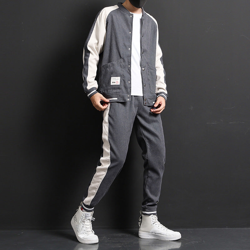 Men Sports Jacket Suit Two-Piece Set Long Sleeve Top Matching Trousers