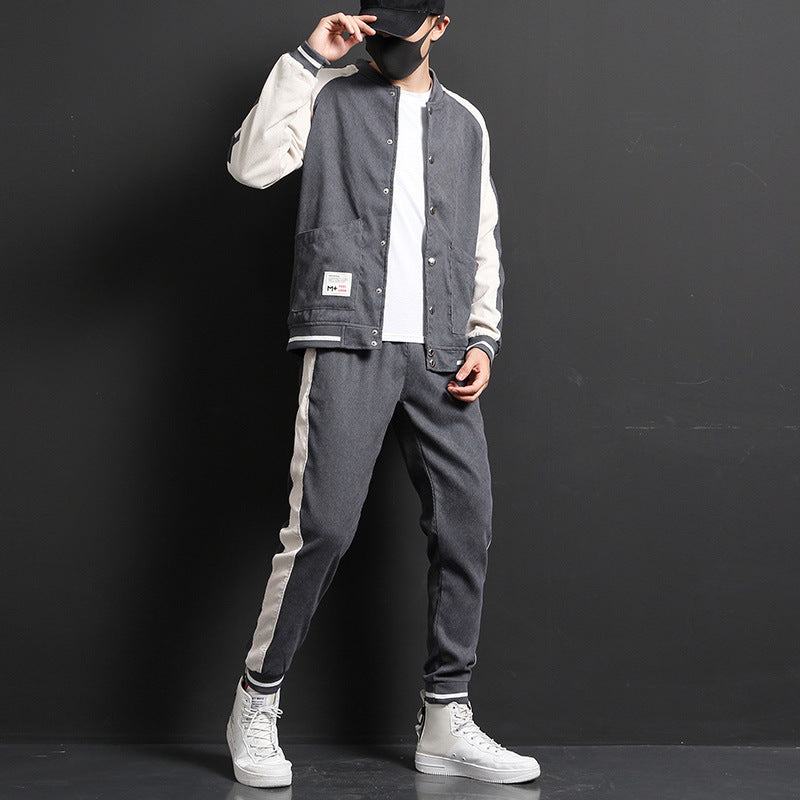 Men Sports Jacket Suit Two-Piece Set Long Sleeve Top Matching Trousers