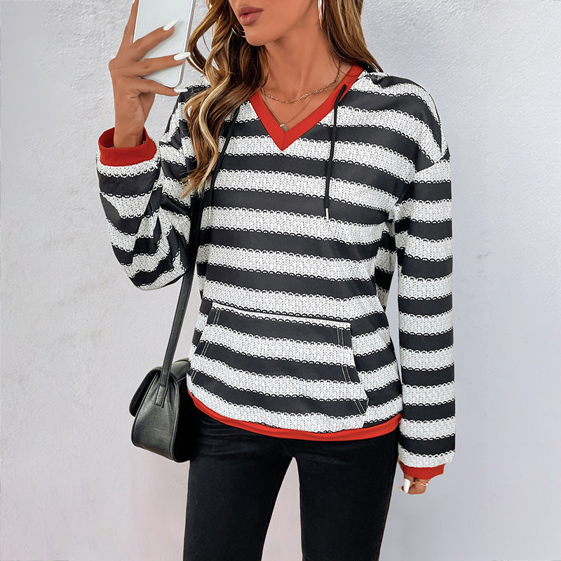 Women Autumn Pullover Sweater Black White Striped Long Sleeve Medium Thickness