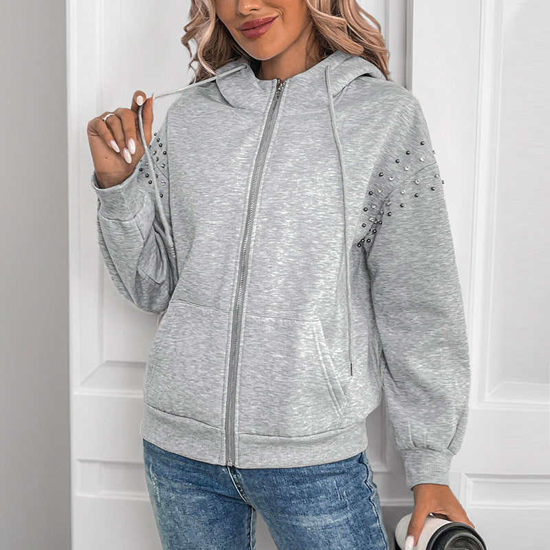 Women Autumn Hooded Beaded Knit Sweater Long Sleeve Relaxed Fit Light Gray