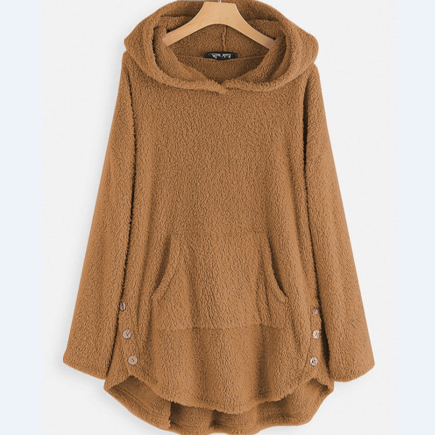 Women Autumn Hooded Pullover Double-Sided Fleece Mid-Length Sweater Loose Fit