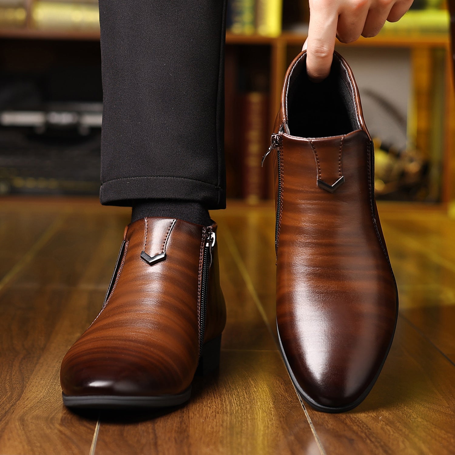 Men's Ankle Boots Embossed Upper Side Zipper Low Heel Flexible Sole